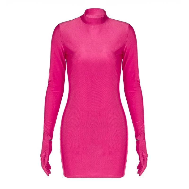 High neck long sleeve gloves solid mini dress