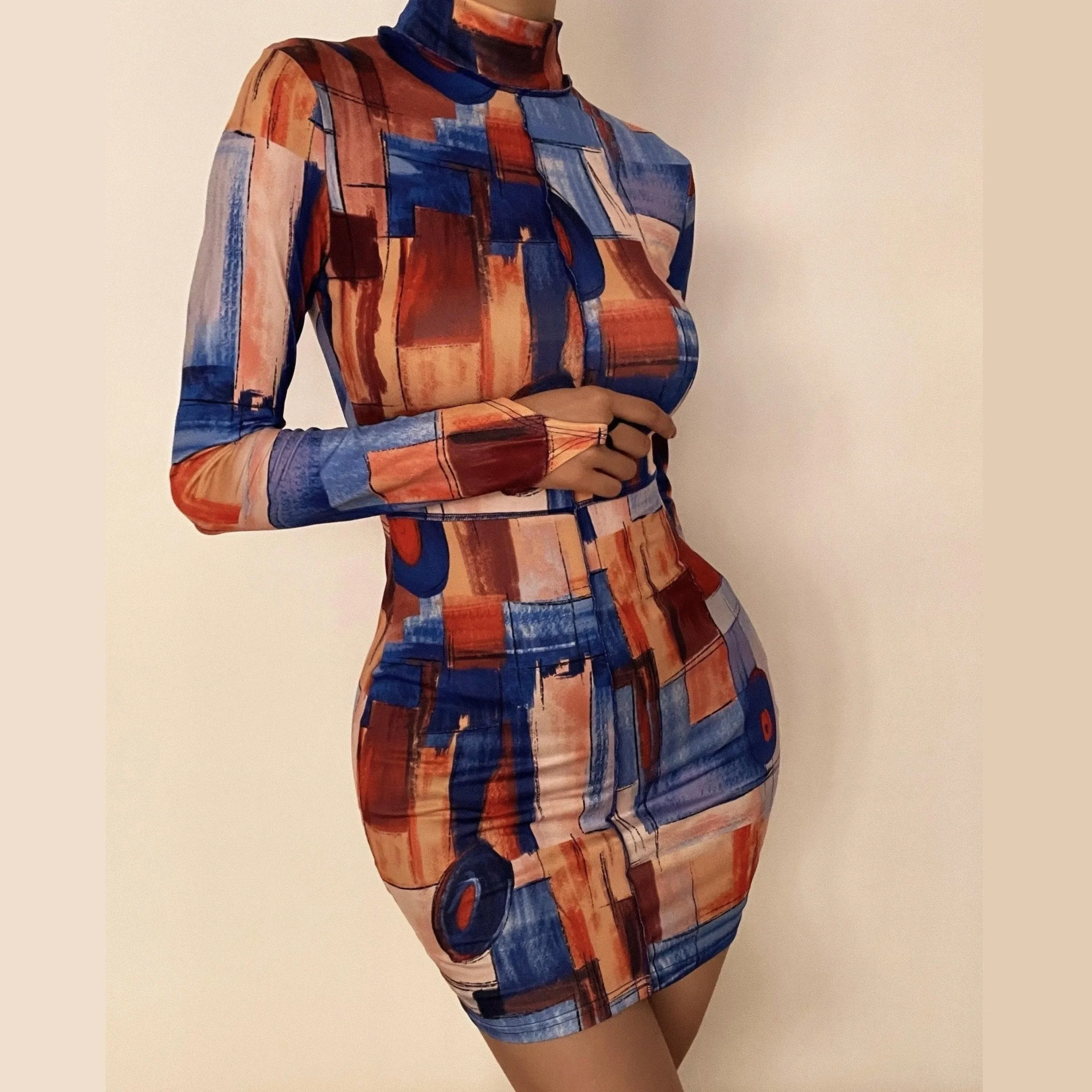 High neck printed mini dress