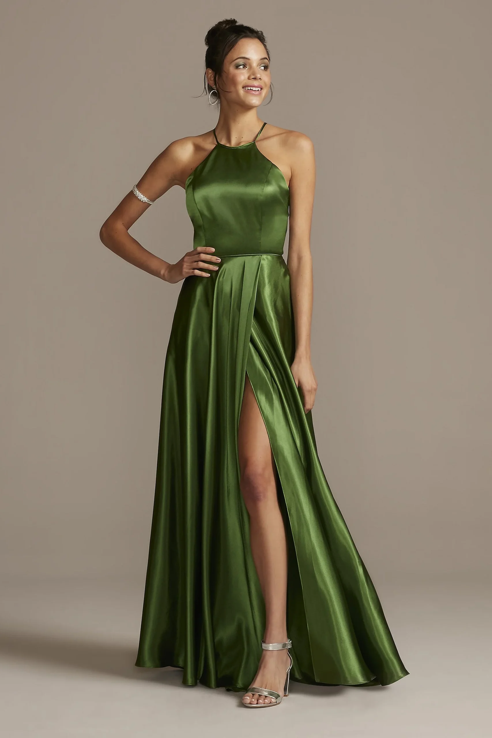 High Neck Satin Slit Gown with Pockets