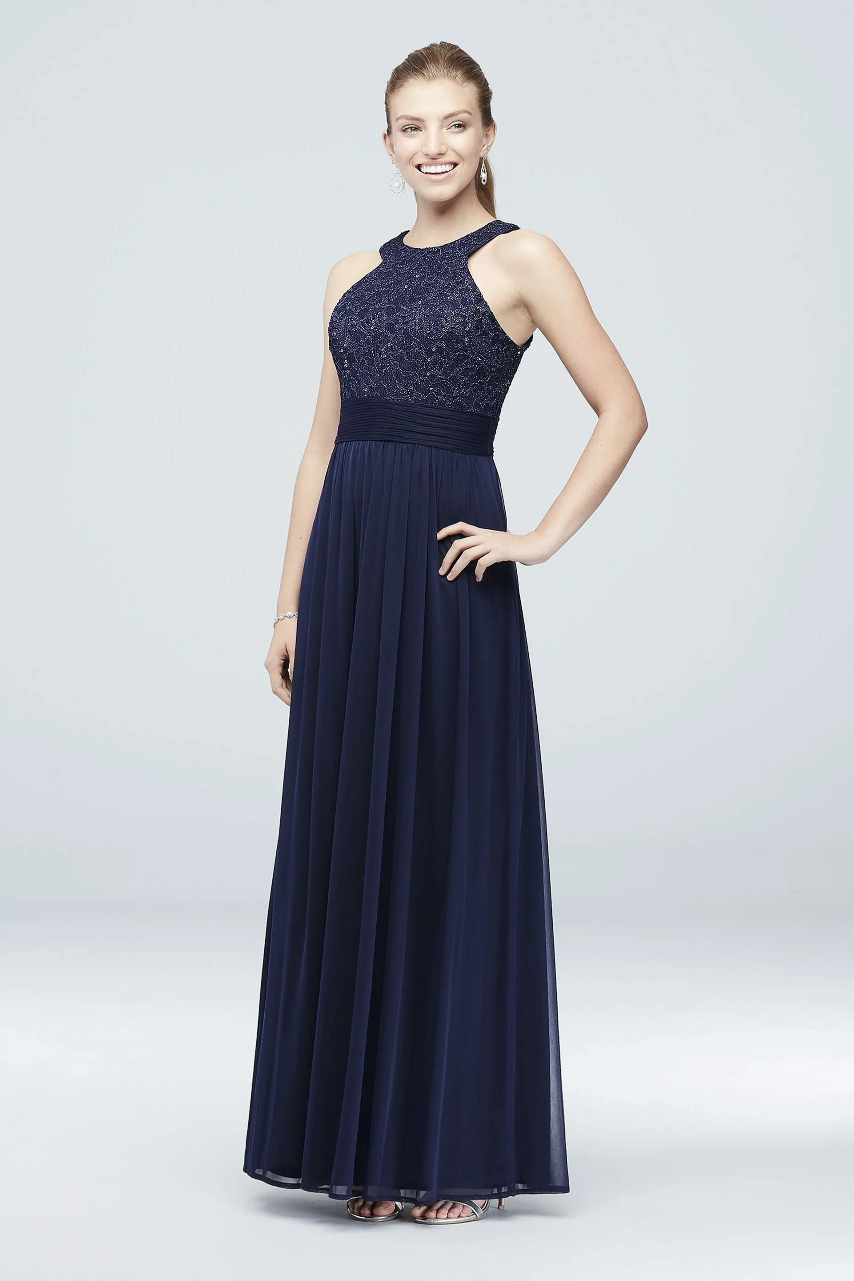 High-Neck Sequin Lace and Chiffon Dress