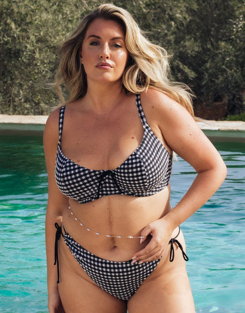 Holiday Check Scooped Balcony Bikini Top Black