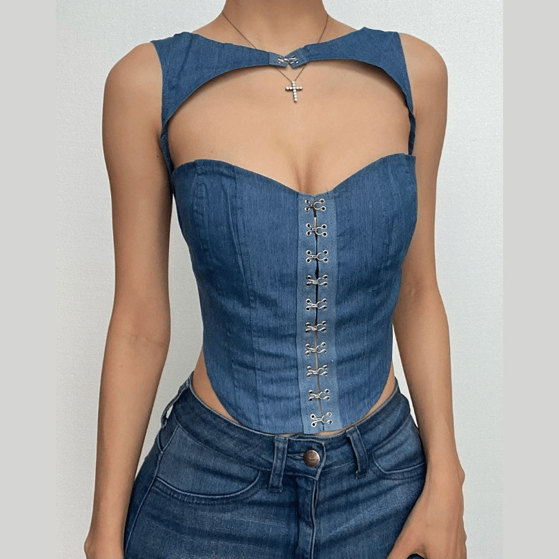 Hollow out button sleeveless corset low cut denim top