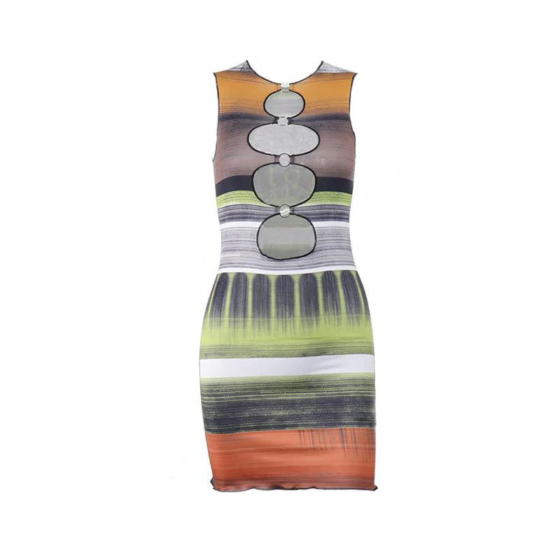Hollow out contrast print o ring sleeveless ruffle mini dress