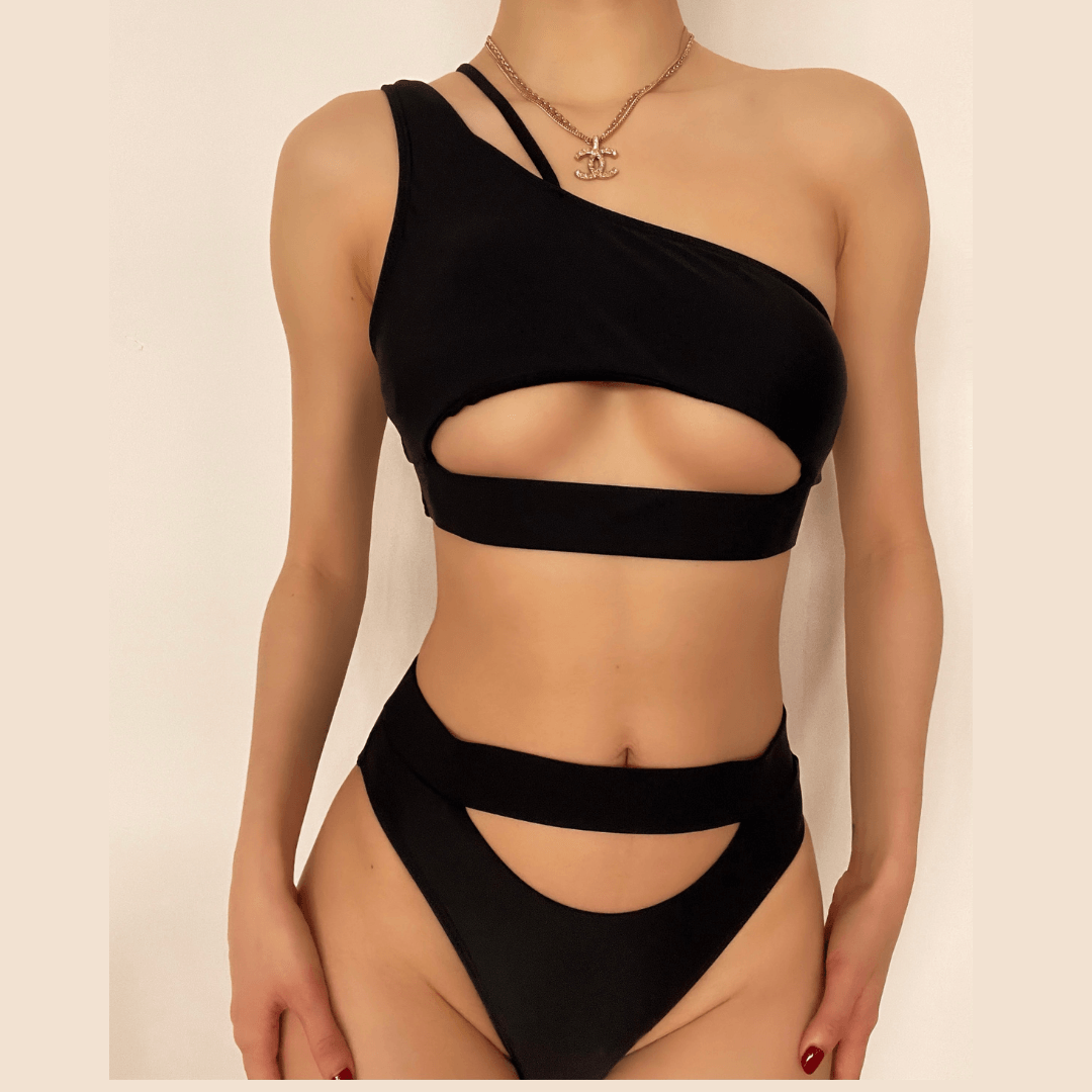 Hollow out high waisted one shoulder solid bikini
