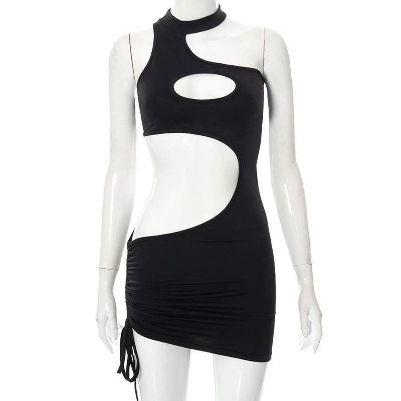 Hollow out irregular solid ruched dress