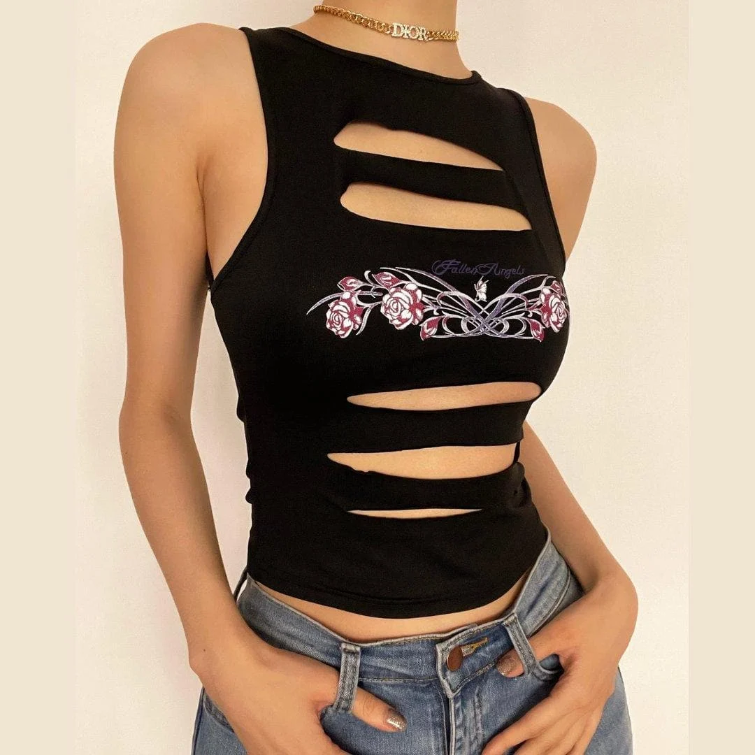 Hollow out printed sleeveless top