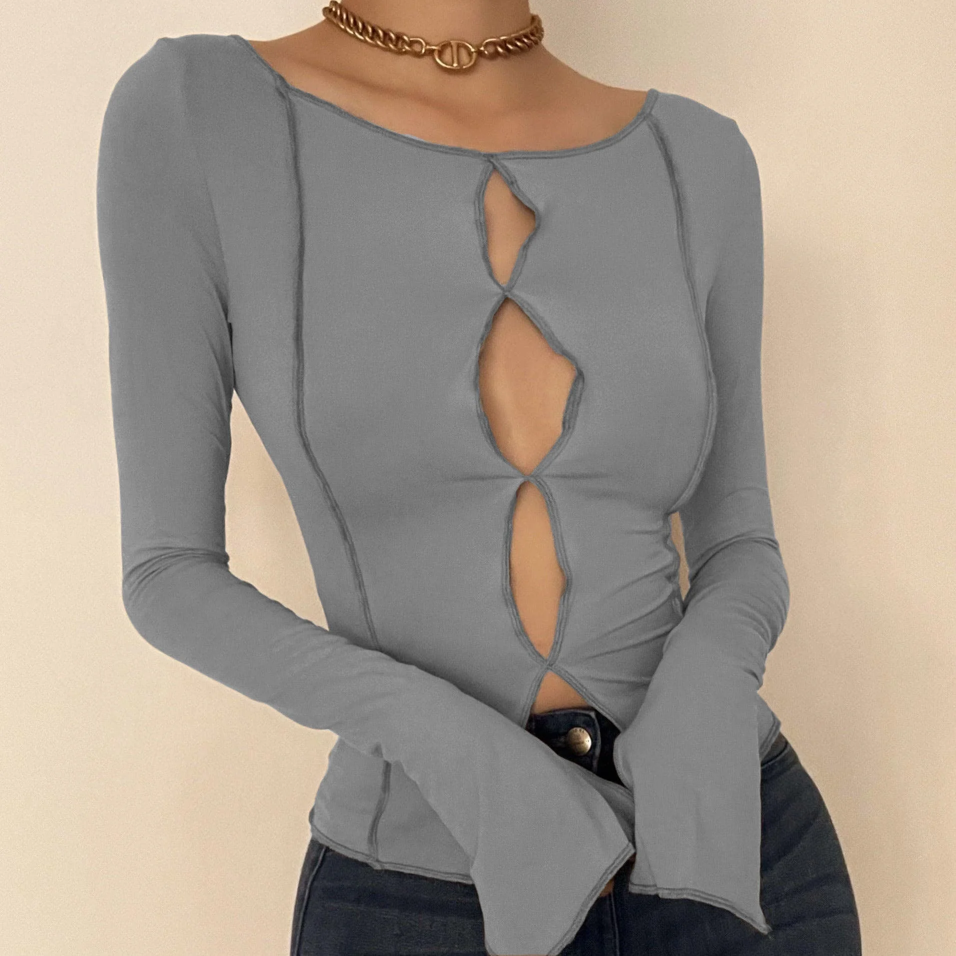 Hollow out round neck long sleeve top