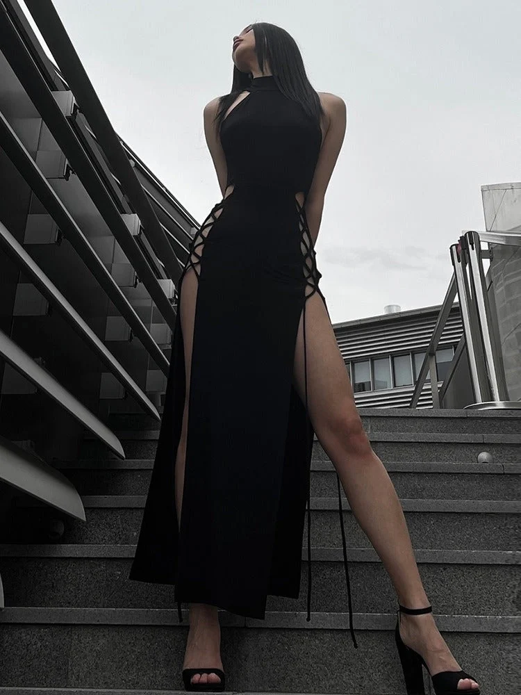 Hollow out sleeveless lace up slit solid maxi dress