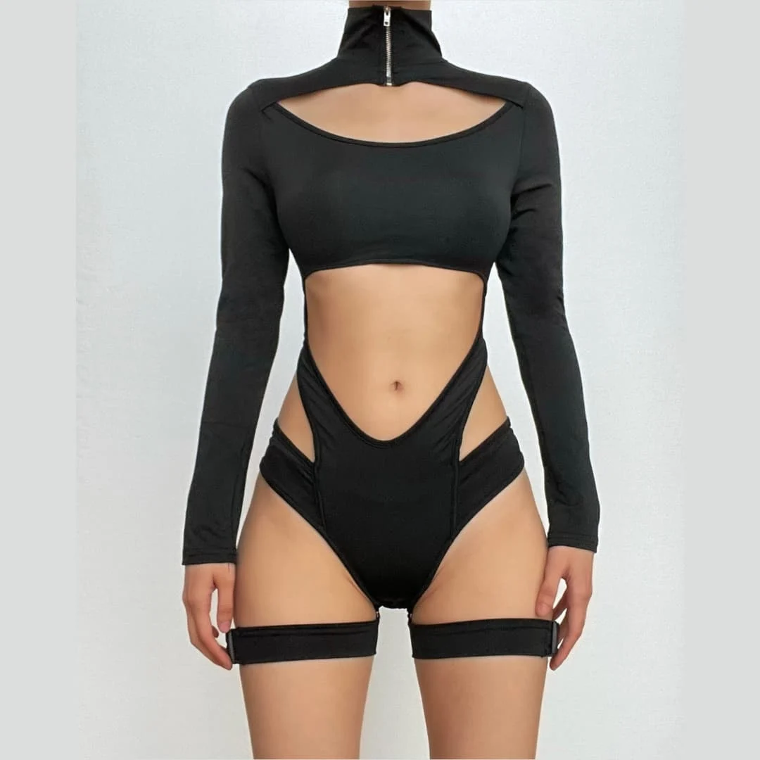 Hollow out zip-up long sleeve button buckle bodysuit