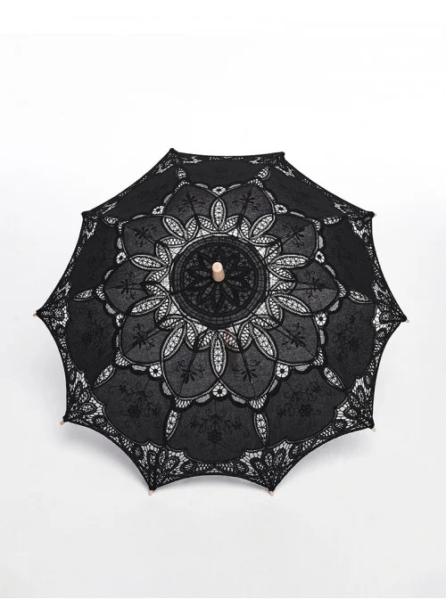 Hollow Thin And Delicate Embroidered Umbrella Frame Wooden Alloy Umbrella Bone Black Gothic Cotton Lace Umbrella