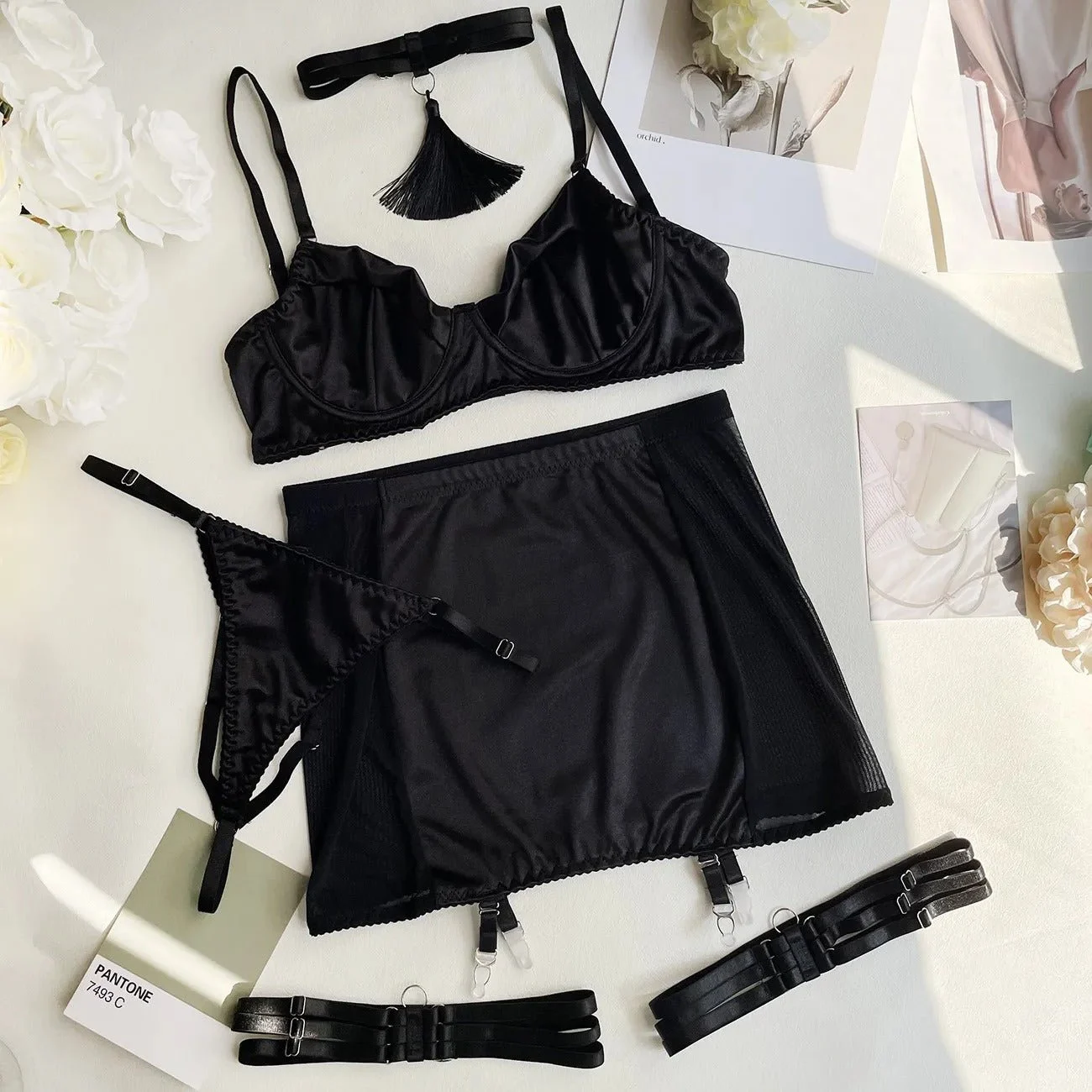 Hot Black Satin Skirt Lingerie Set