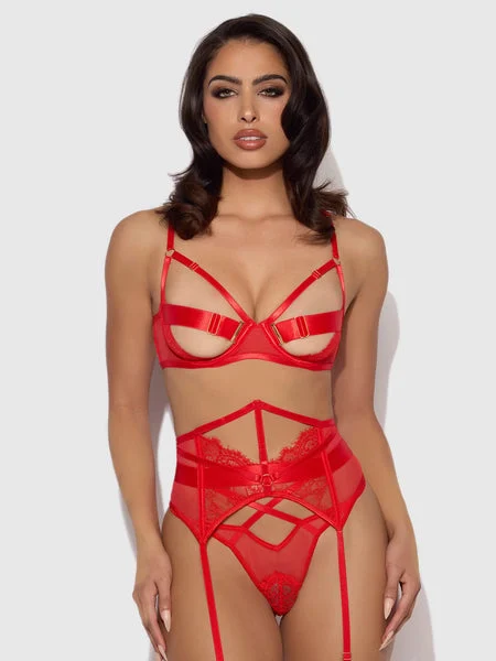 HOT ORANGE LACE & MESH BRA, GARTER & G-STRING SET