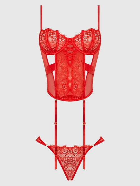 HOT ORANGE LACE & MESH CORSET & BACKLESS HIPSTER SET
