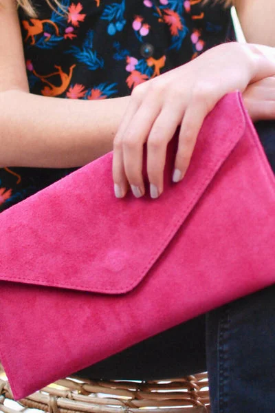 Hot Pink Suede Envelope Luxe Clutch Bag - Laura