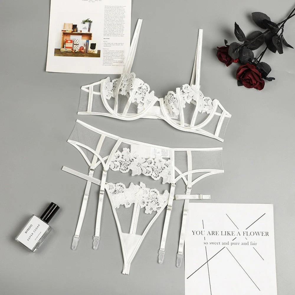 "I Do" Bridal White Flower Lingerie Set