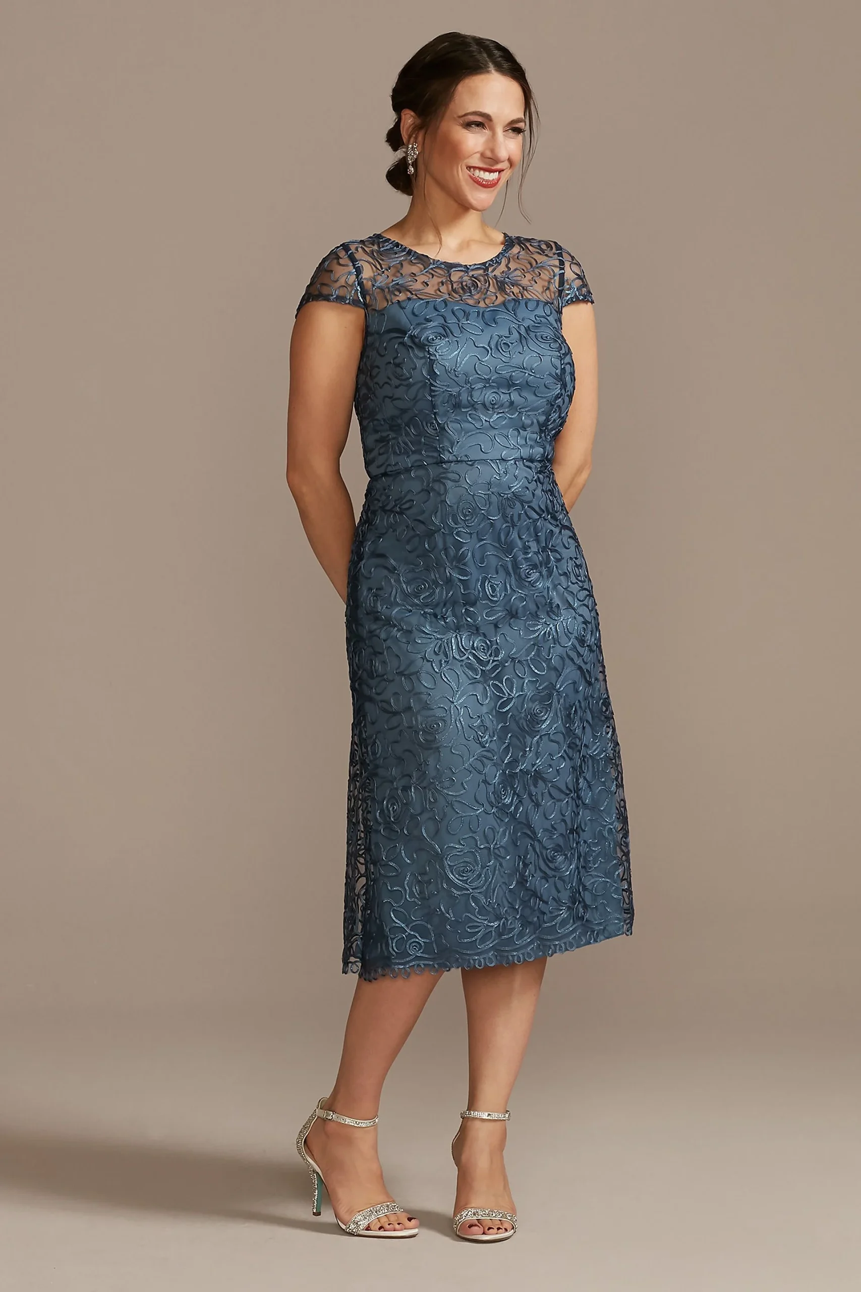 Illusion Cap-Sleeve Long Soutache Sheath Dress