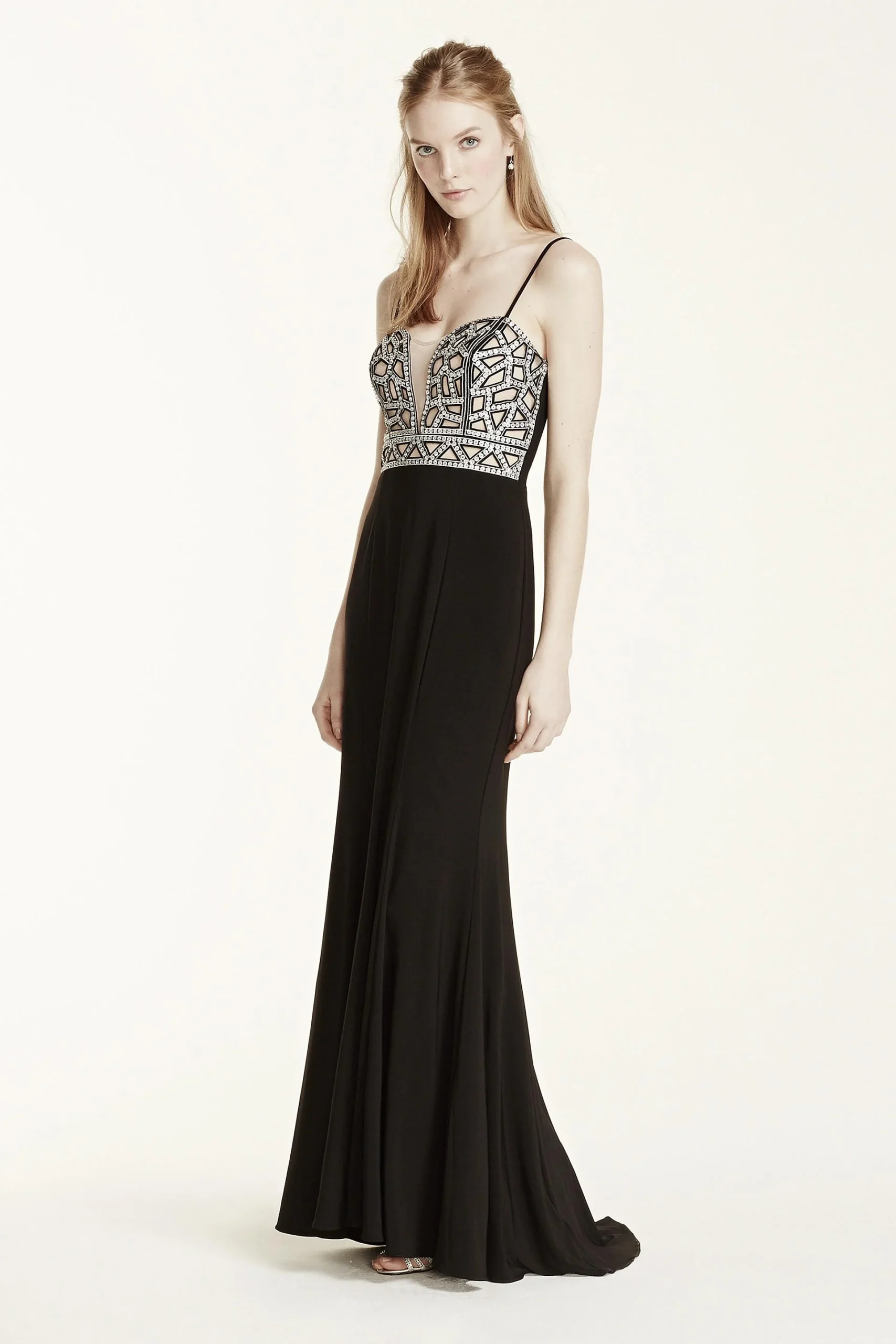 Illusion Deep Plunge Neckline Cage Bodice Dress