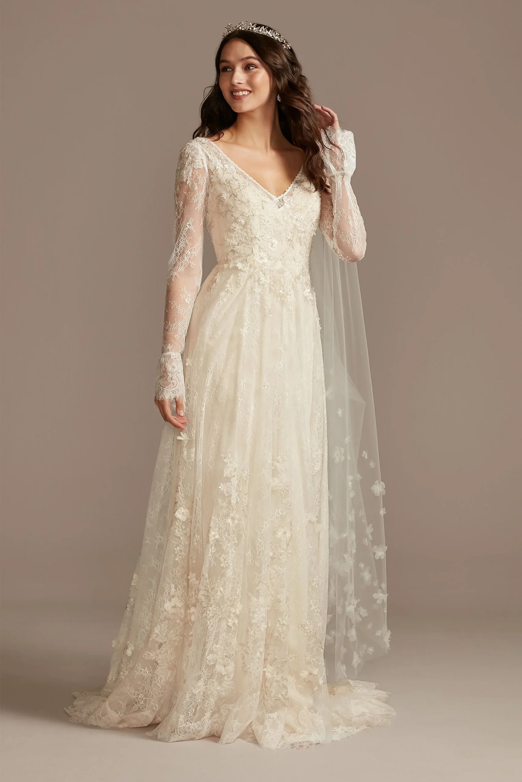 Illusion Long Sleeve Chantilly Lace Wedding Dress
