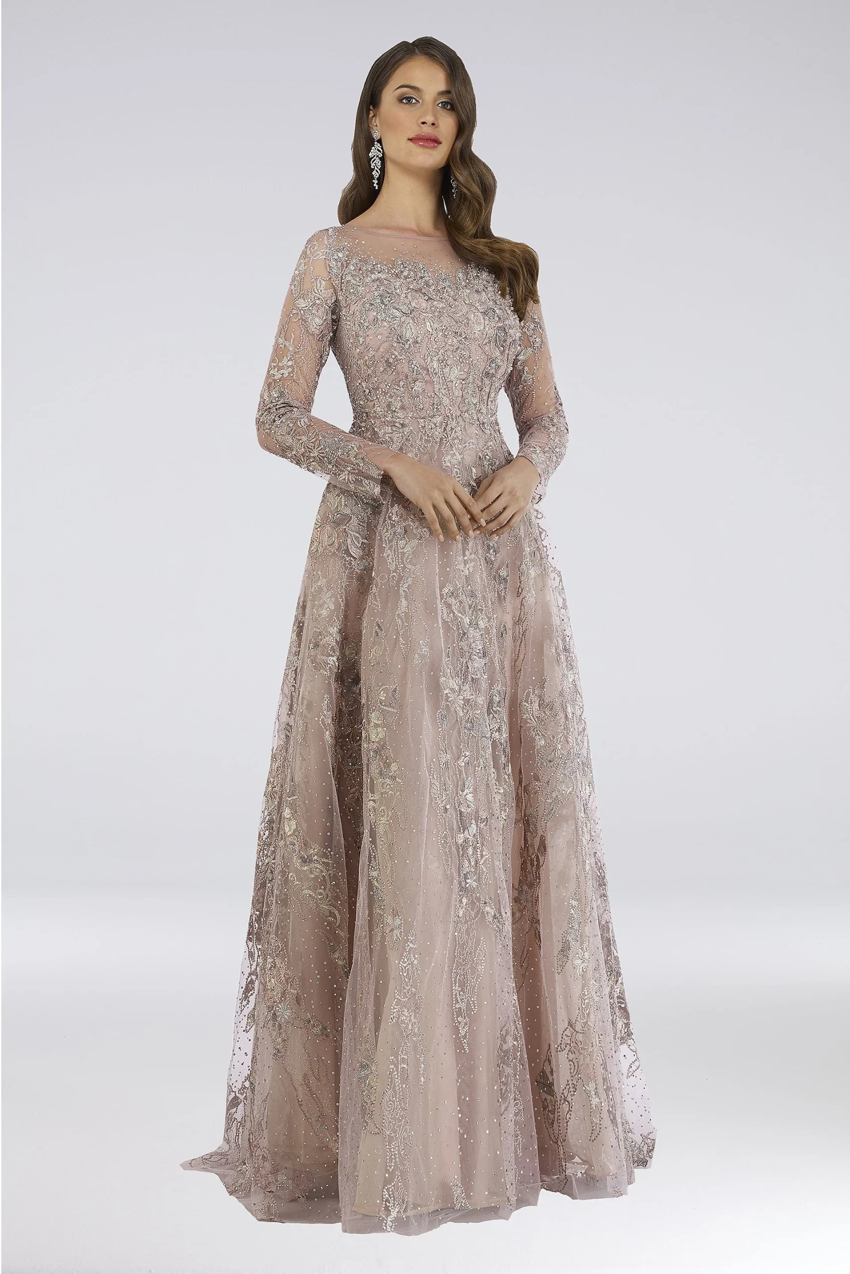 Illusion Long-Sleeve Embroidered Applique Gown