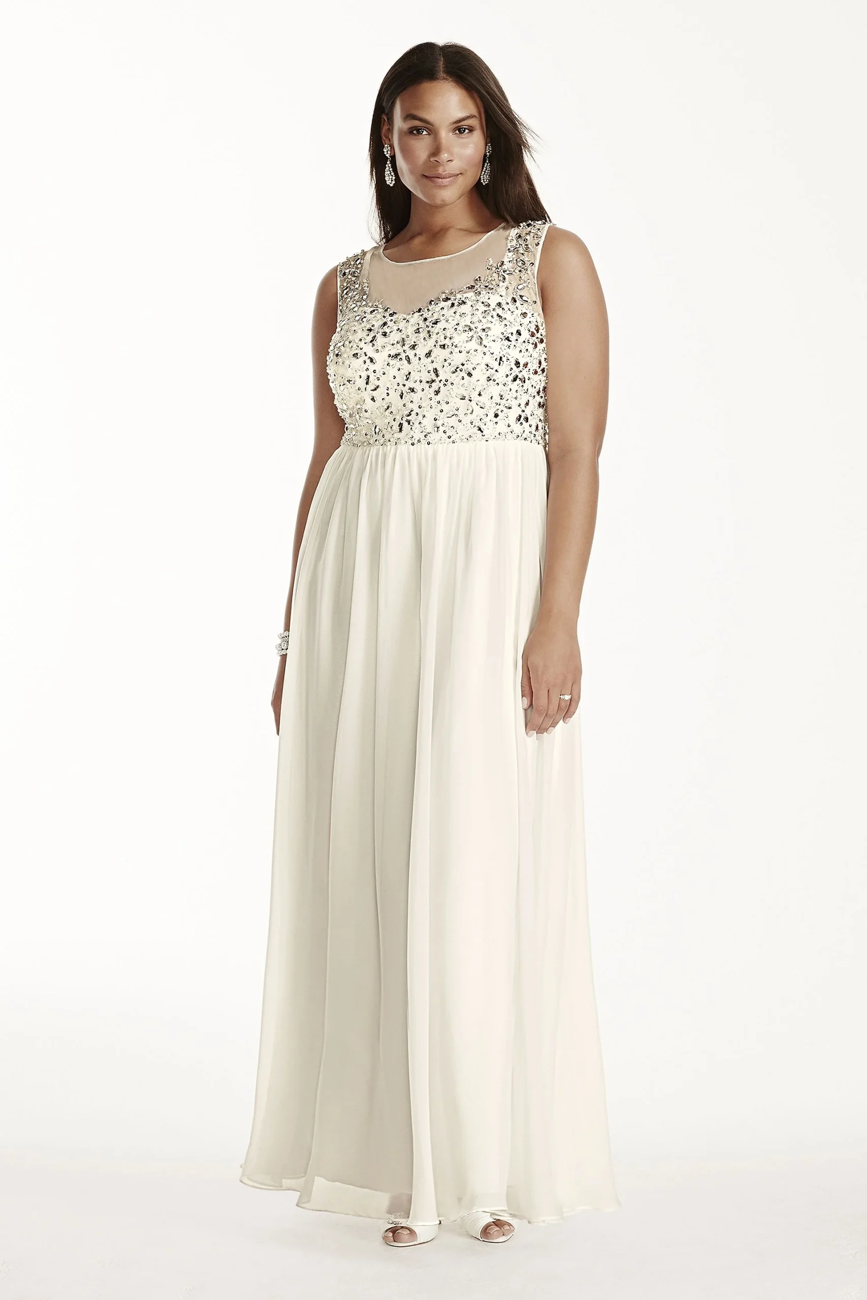 Illusion Neckline Crystal Bodice Chiffon Dress