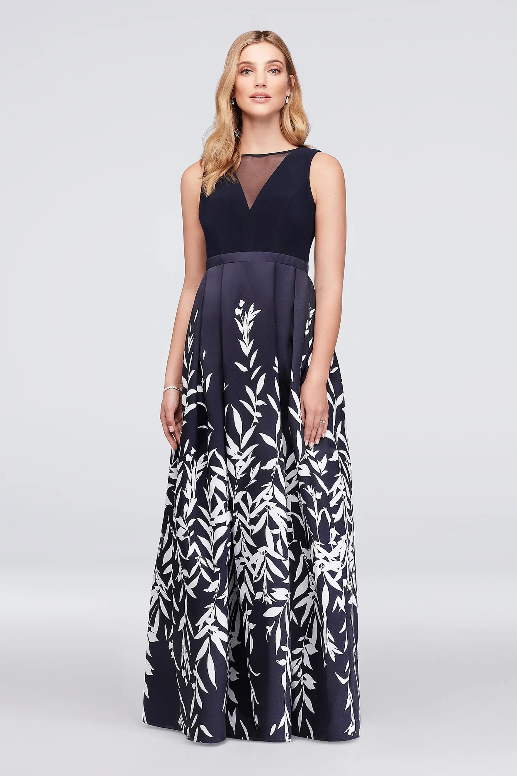 Illusion Plunge Leaf-Print Mikado Ball Gown