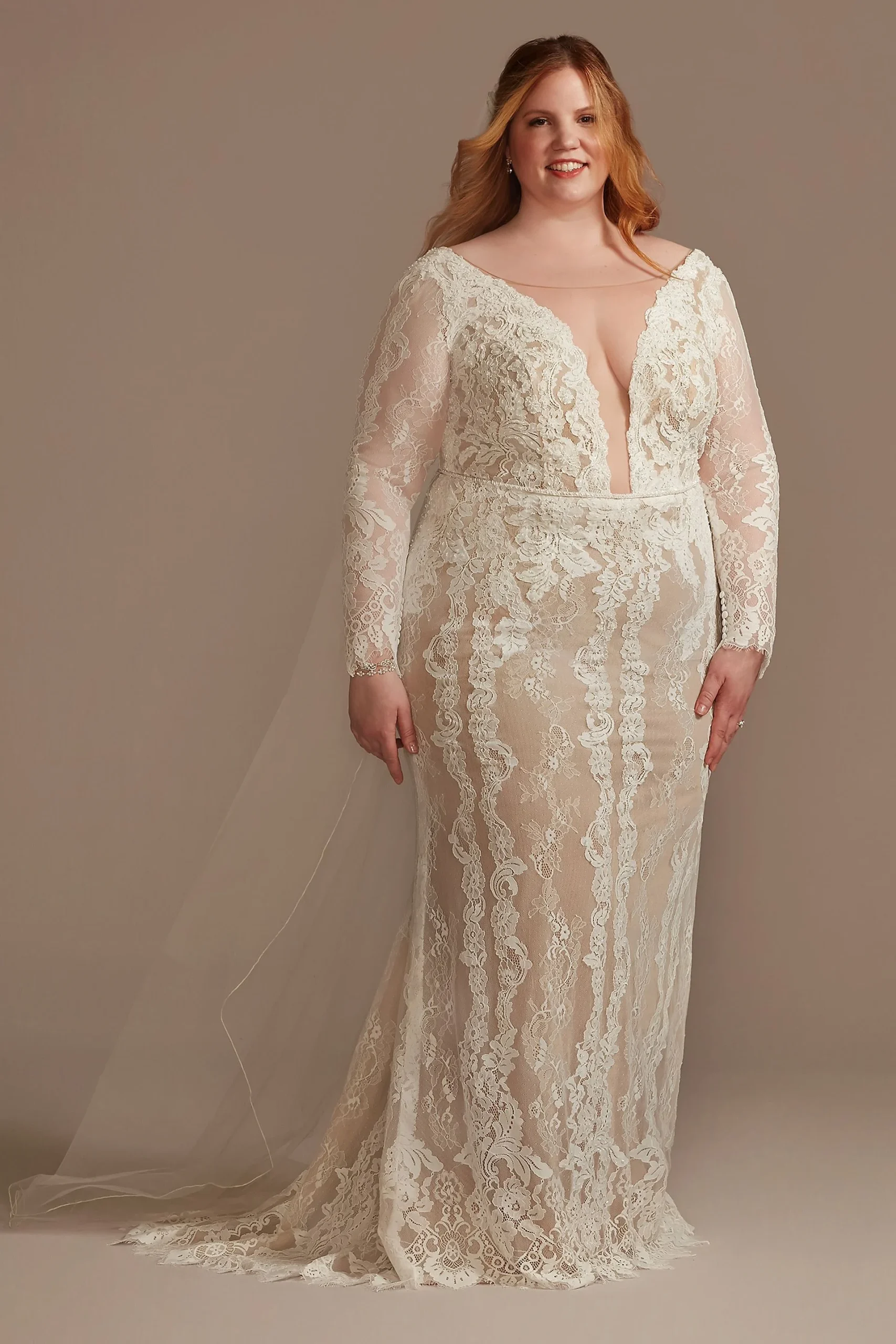 Illusion Plunge Long Sleeve Lace Wedding Dress