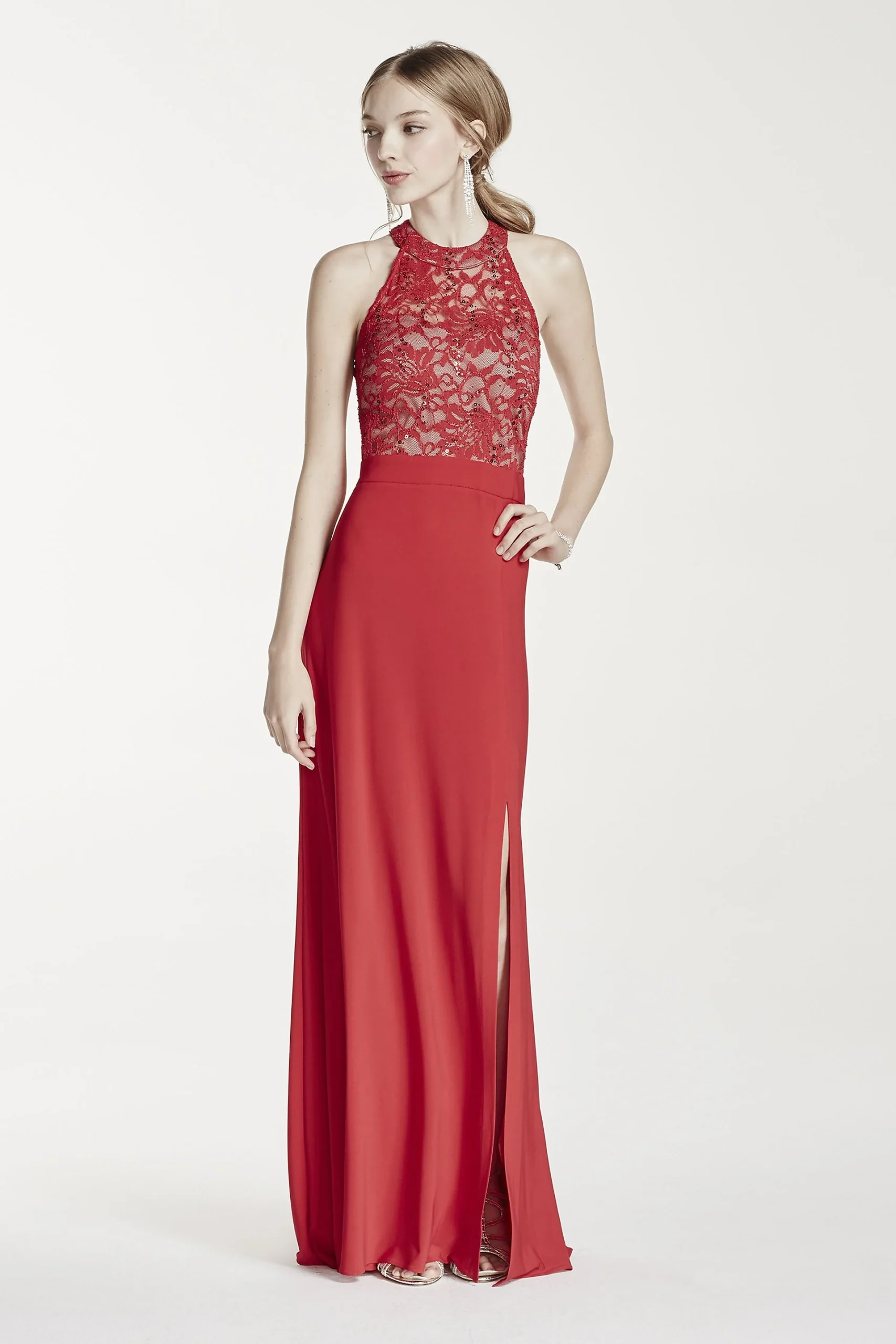 Illusion Sequin Lace Halter Jersey Dress