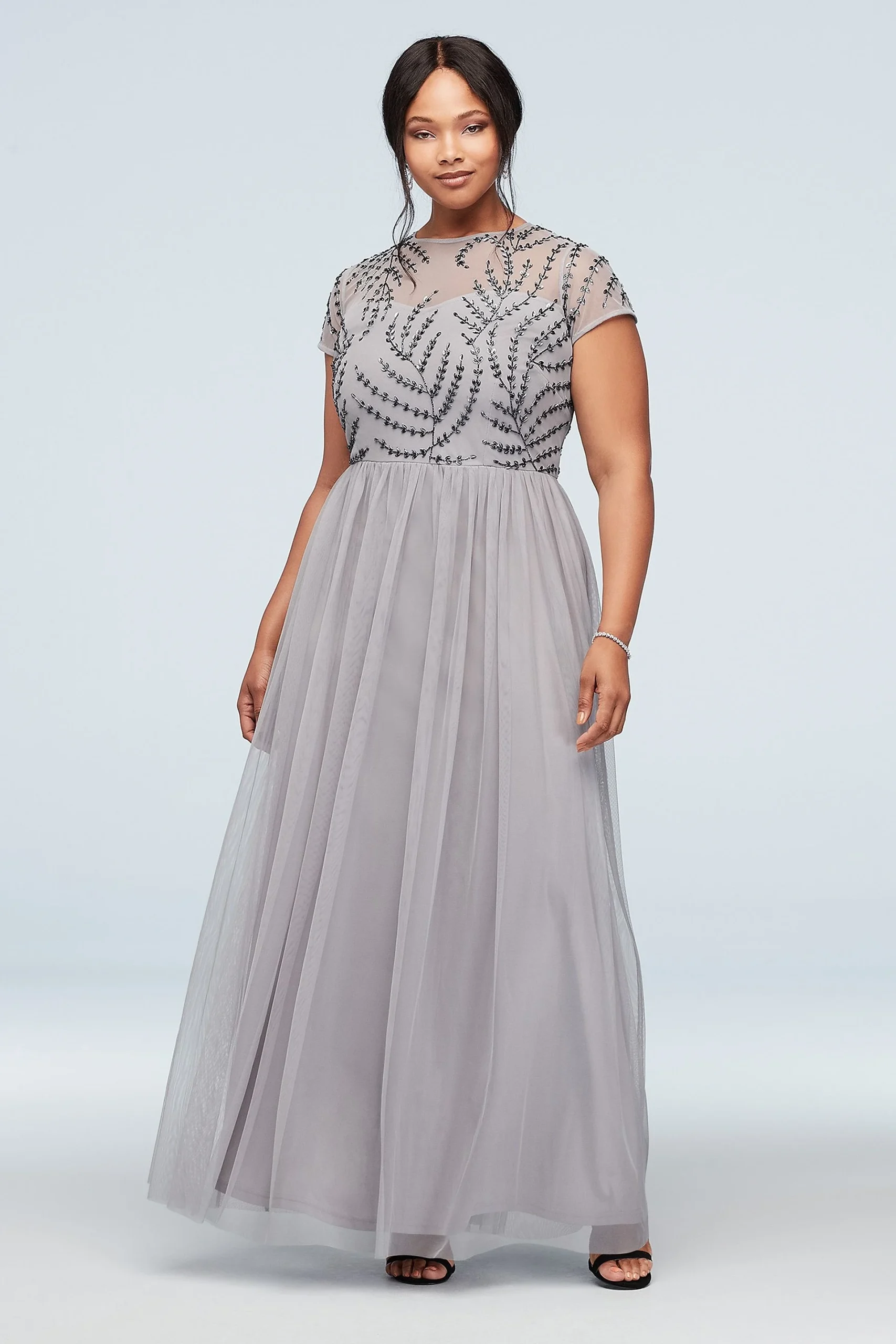Illusion T-Shirt Sleeve Embellished Plus Size Gown
