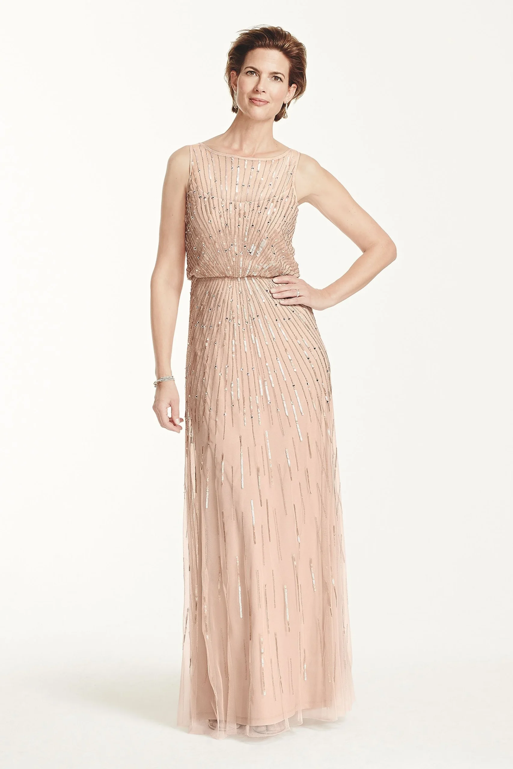 Illusion Tank Beaded Floor Length Blouson Dress