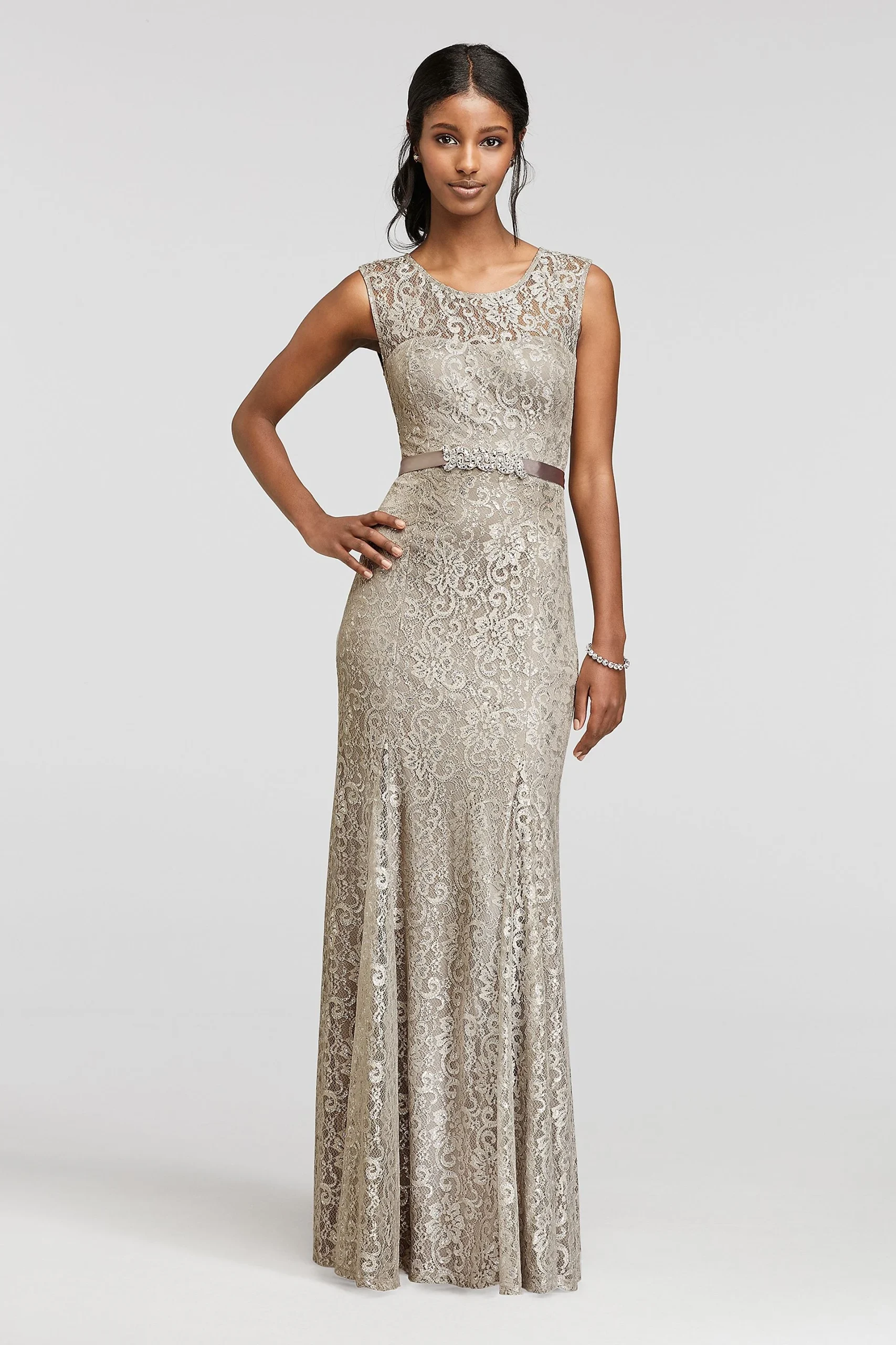 Illusion Tank Beaded Lace Dress with Sash