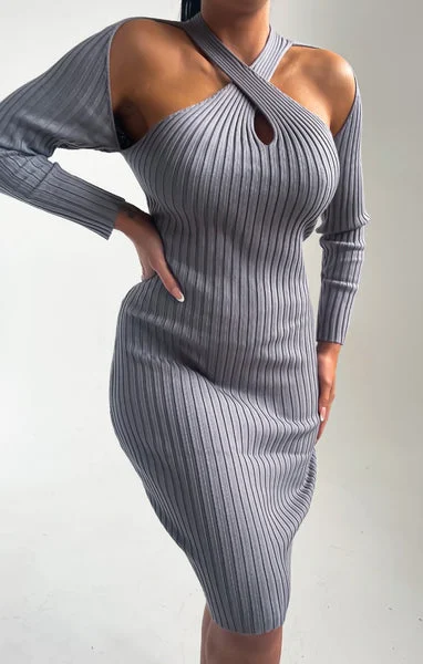 Smoke Grey Knitted Ribbed Long Sleeve Cut-Out Bodycon Midi Dress - Bryanne
