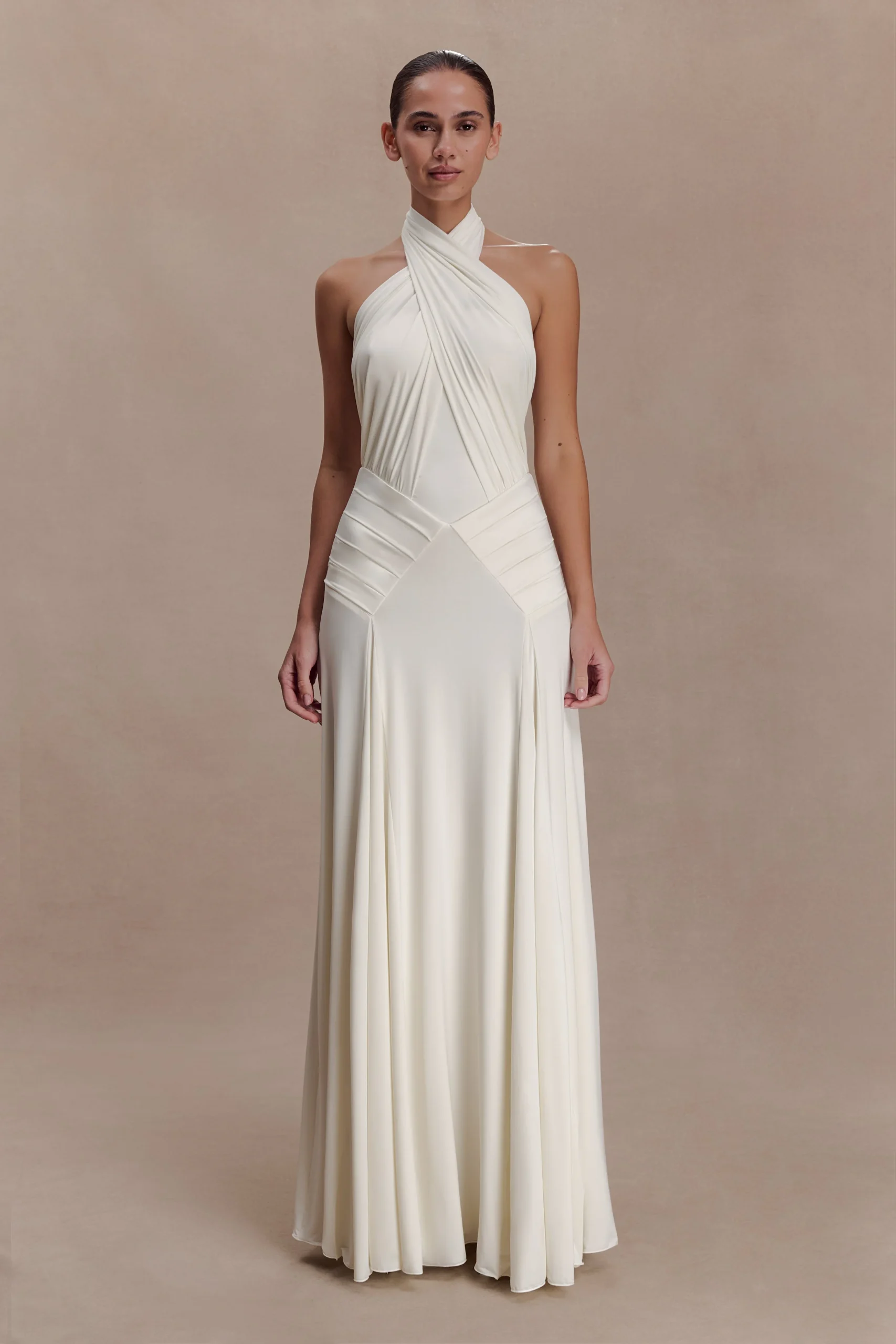IndiraGathered Slinky Halter Maxi Dress - Ivory