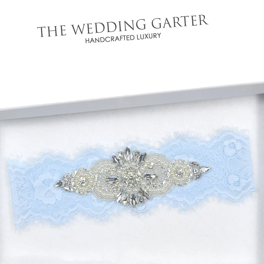 Ines Blue Eyelash Lace Pearl & Rhinestone Bridal Garter (2 Colours)