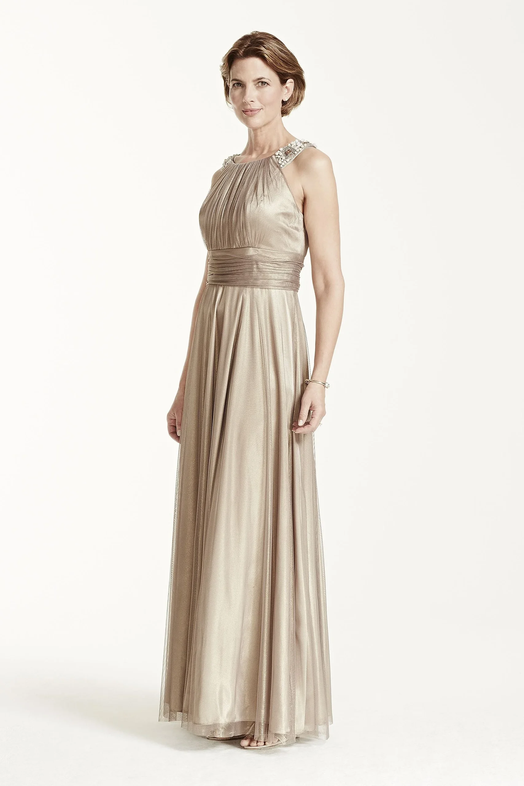 Iridescent Tulle Jewel Neck Gown with Ruched Waist