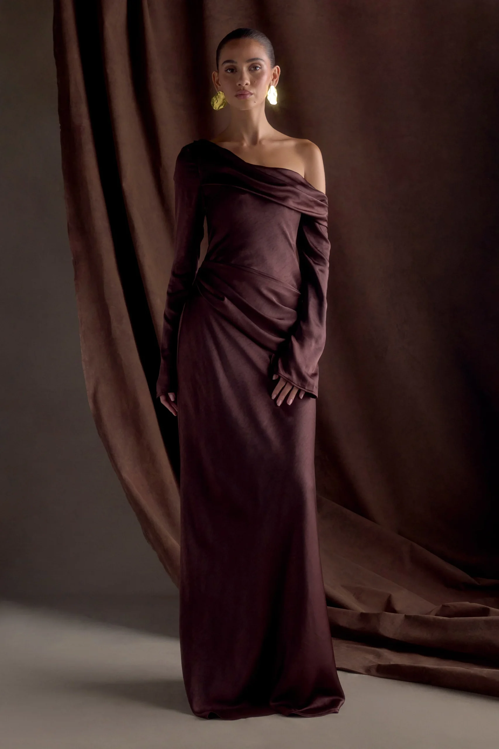 IrisLong Sleeve Satin Maxi Dress - Dark Chocolate