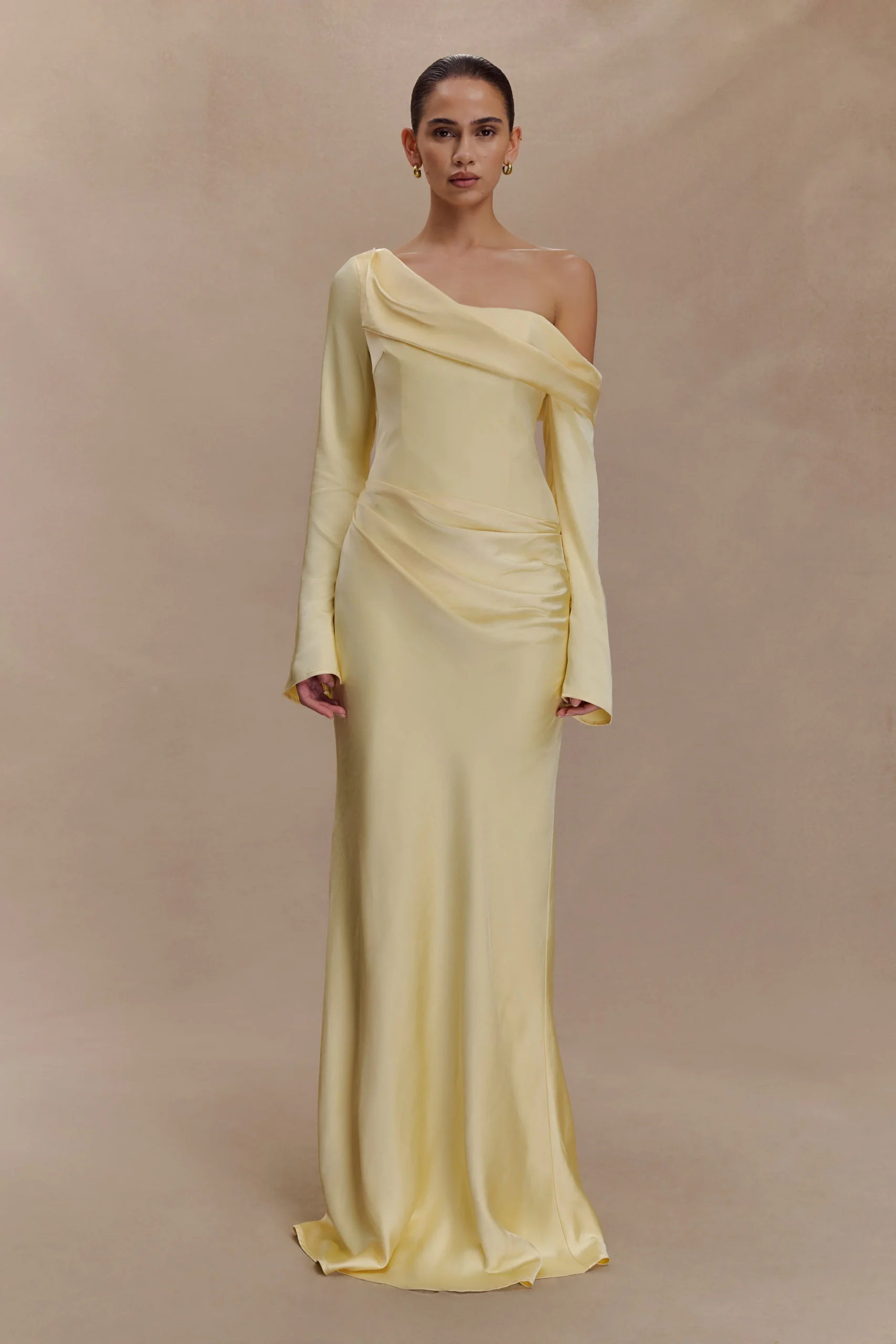 IrisLong Sleeve Satin Maxi Dress - Lemon