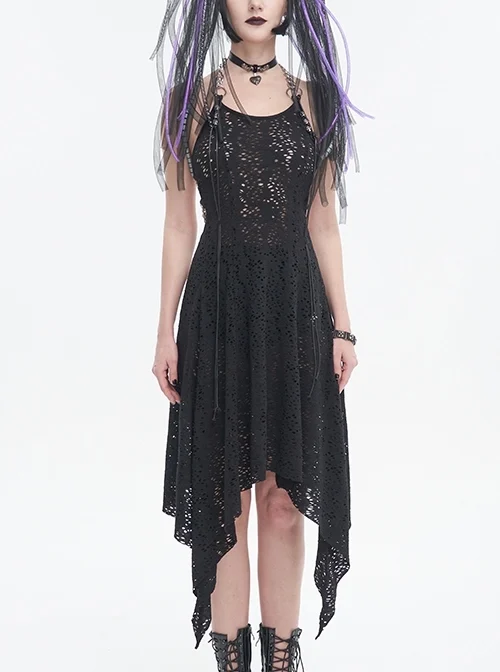 Irregular Black Pattern Wool Metal Chain Halter Neck Punk Style Backless Dress