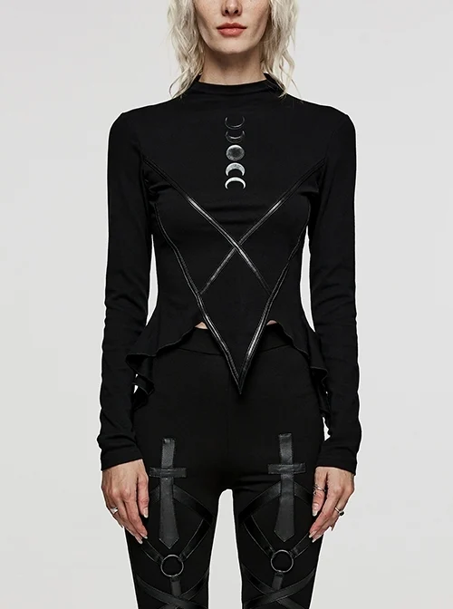 Irregular Black Soft Stretch Knit Stitching Leather Tape Moon Print Gothic Style Daily Long Sleeve T-Shirt