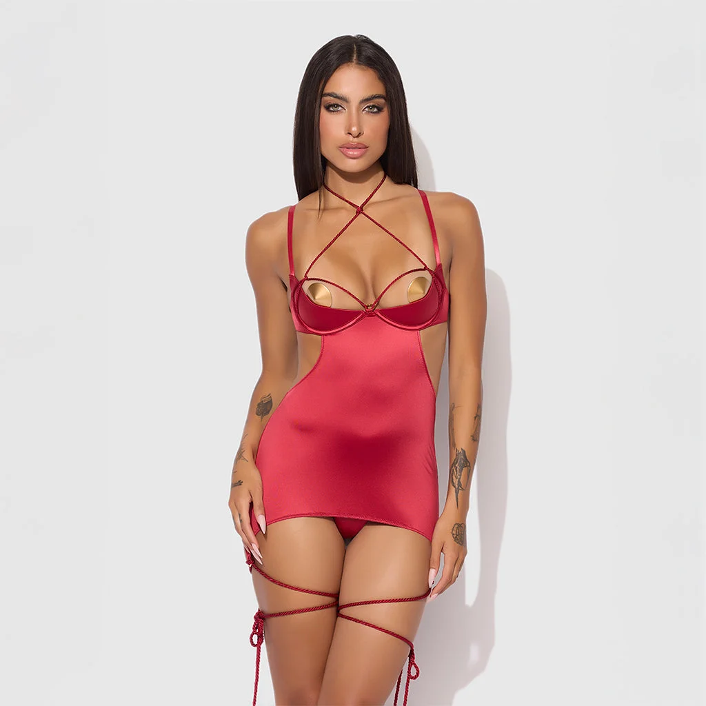 Iryna Silky Micro Rope Chemise & G-String Set in Red