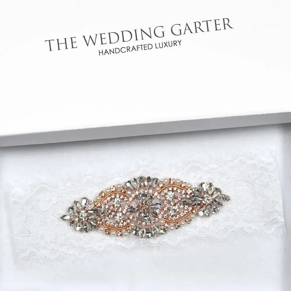 Isla White Eyelash Lace Rose Gold Rhinestone Bridal Garter