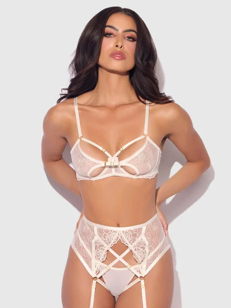 IVORY EMBROIDERED LACE & SATIN OPEN-CUP BRA, GARTER BELT & G-STRING SET