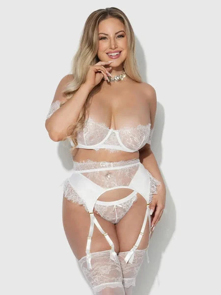 IVORY SATIN & LACE STRAPLESS BRA, GARTER BELT & TANGA SET