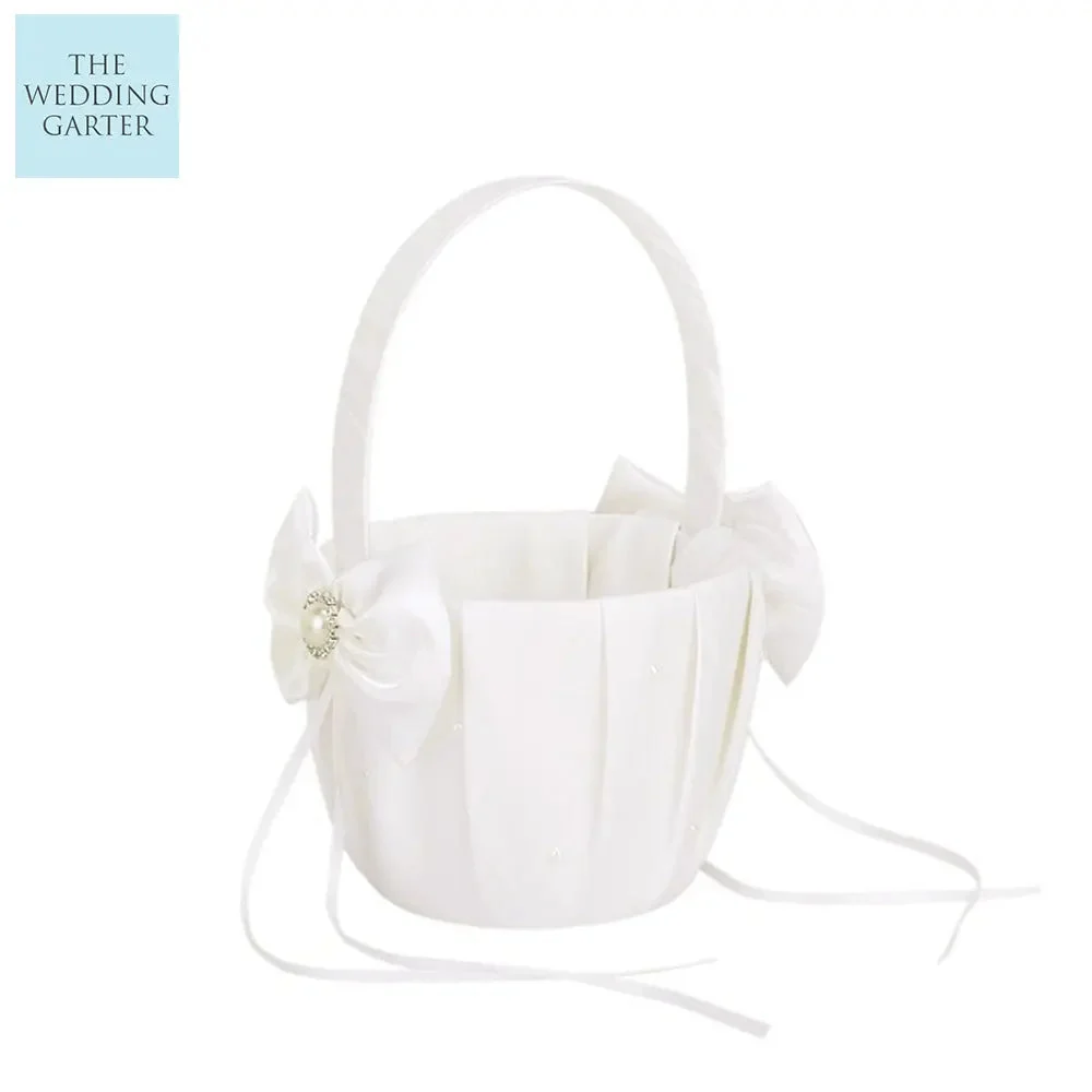 Ivory Satin & Pearl Flower Gift Basket For Wedding Ceremony