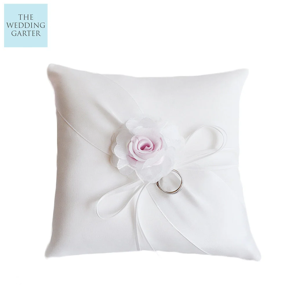 Ivory Satin Ring Bearer Pillow With Pink Rose