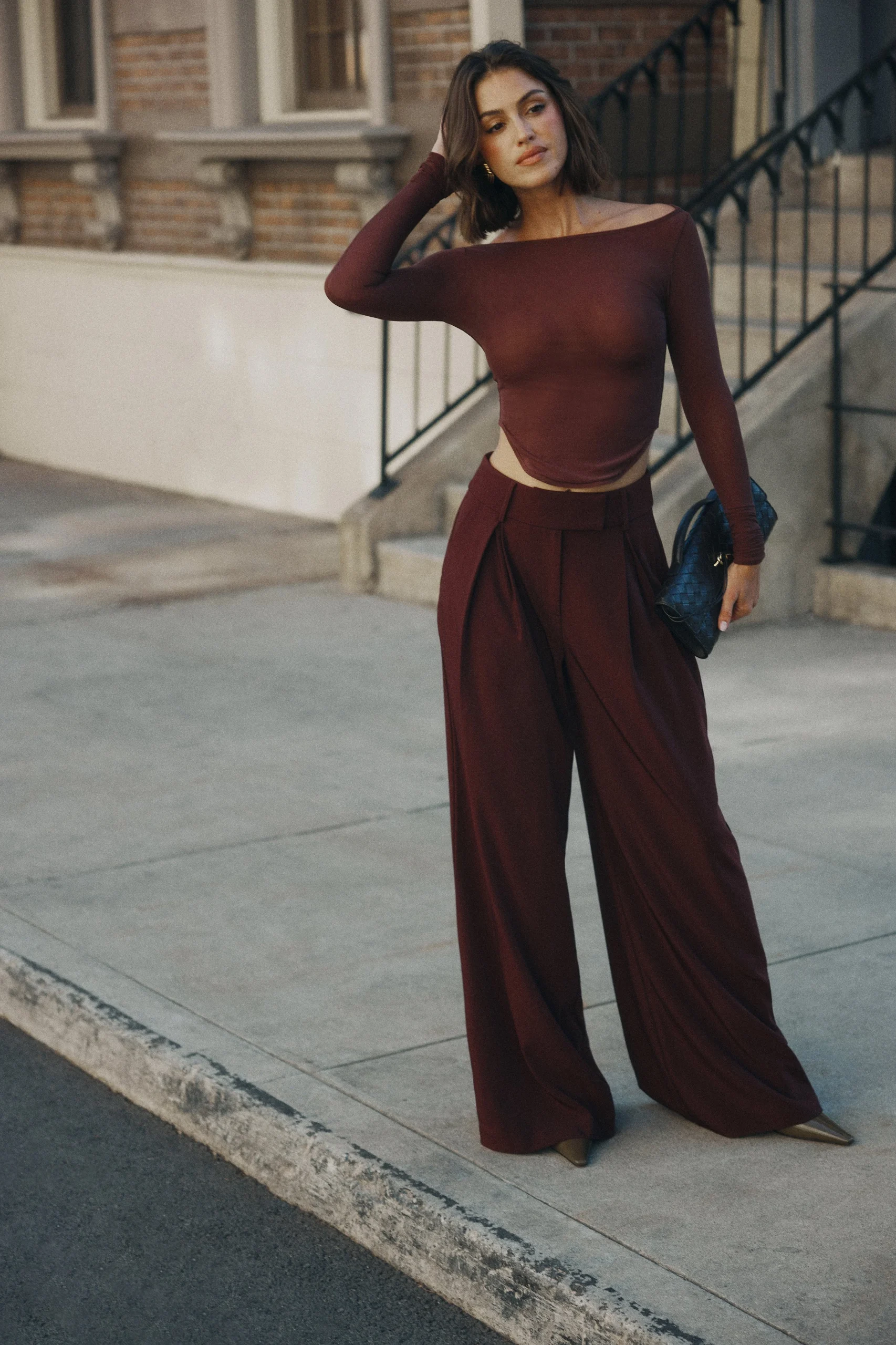 JacquelinePleated Wide Leg Pants - Mahogany