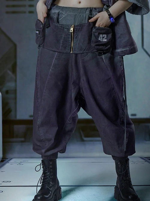 Japanese Style Spring Summer Purple Washed Gradient Functional Street Dropped Crotch Side Waist Lace-Up Cyberpunk Samurai Pants