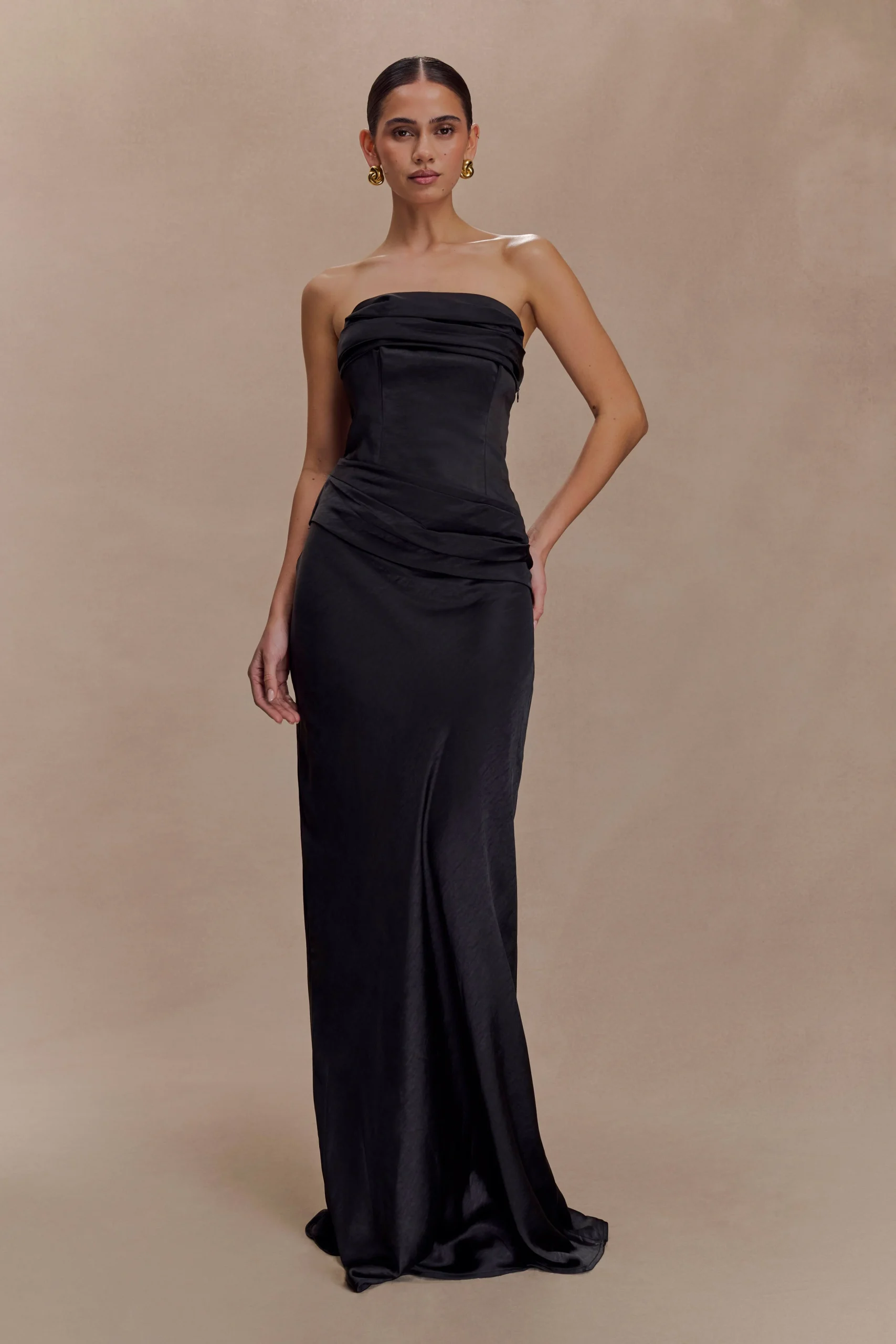 JasmineStrapless Satin Maxi Dress - Black