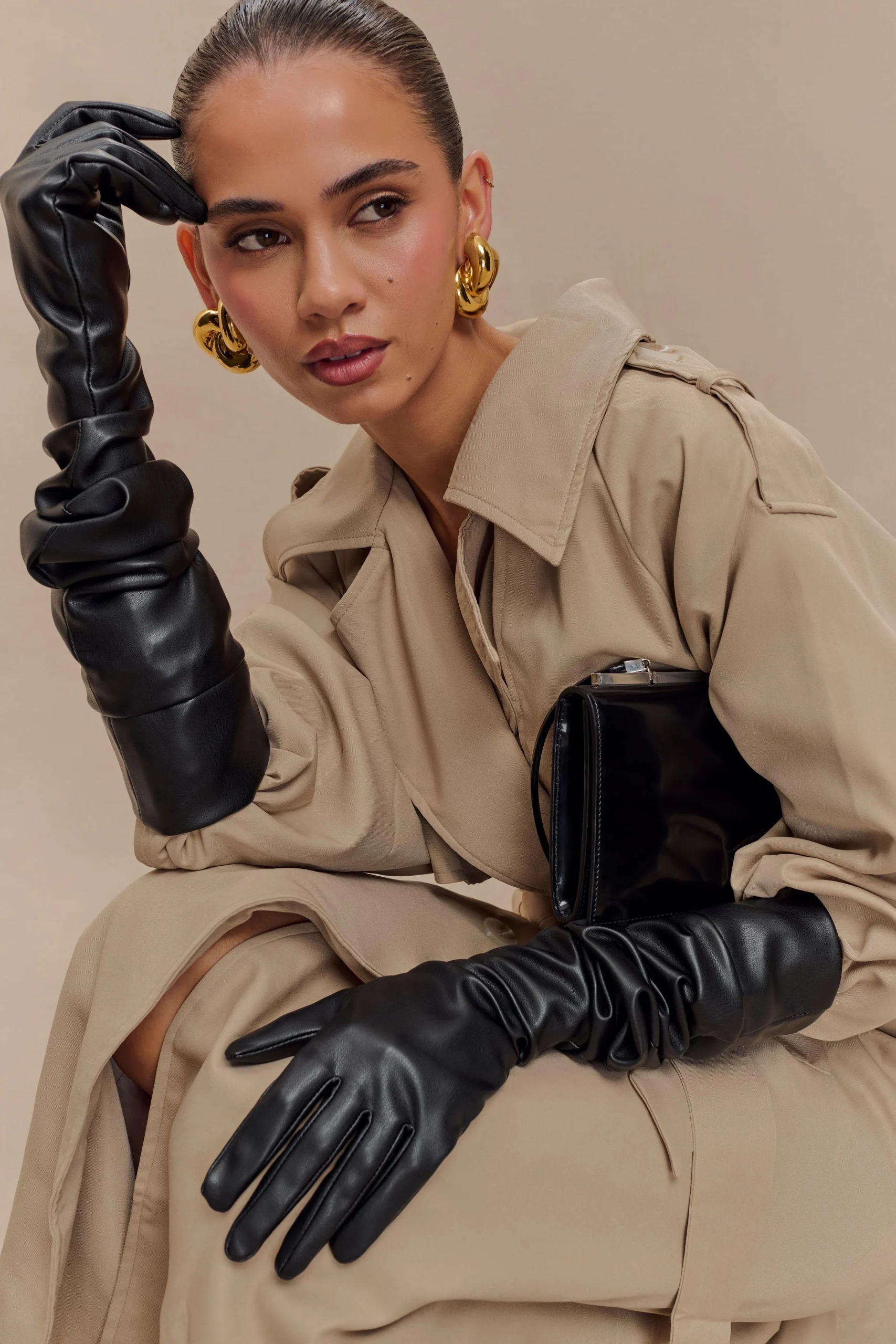 JasperFaux Leather Elbow Length Gloves - Black