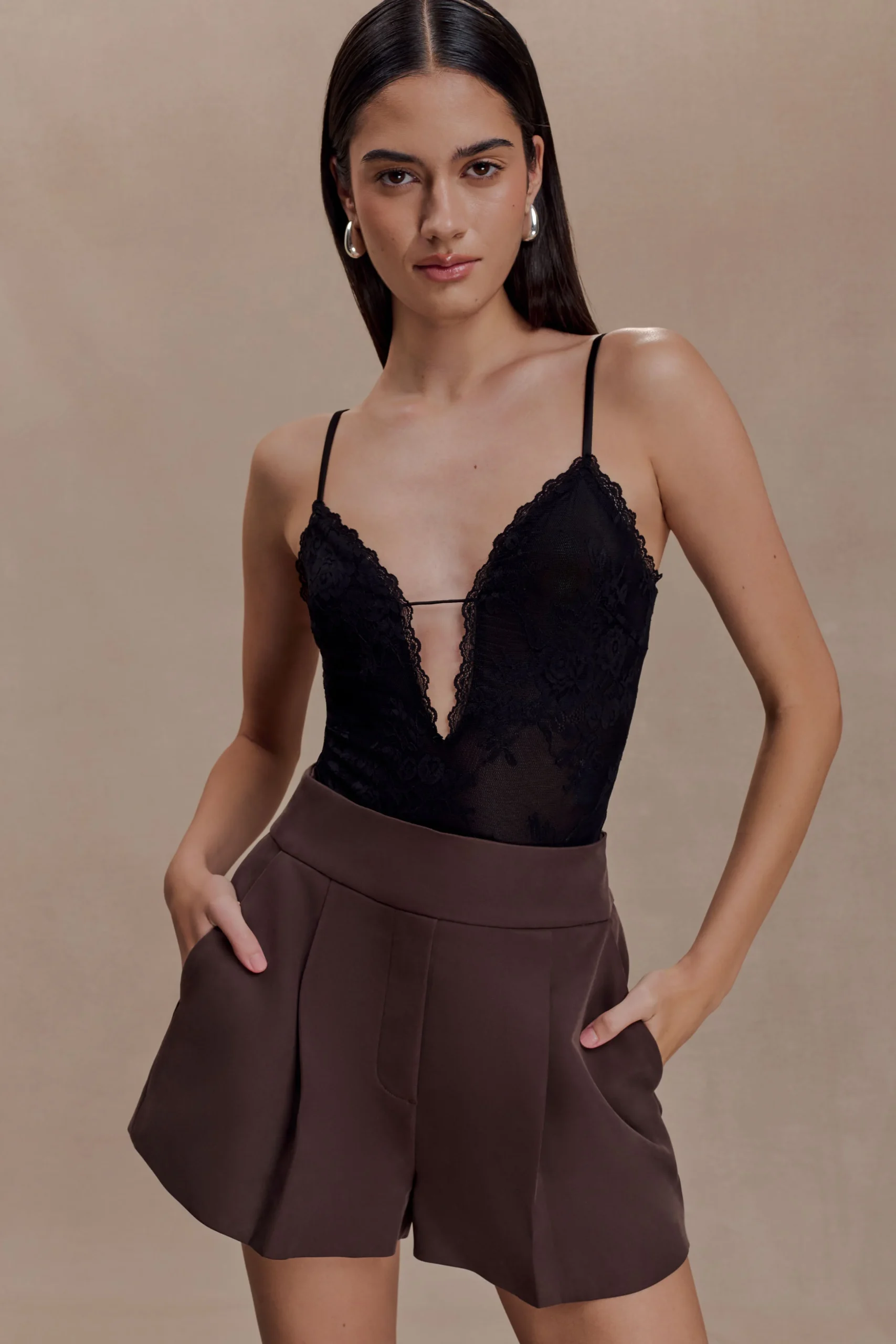 JasperSheer Plunge Lace Bodysuit - Black