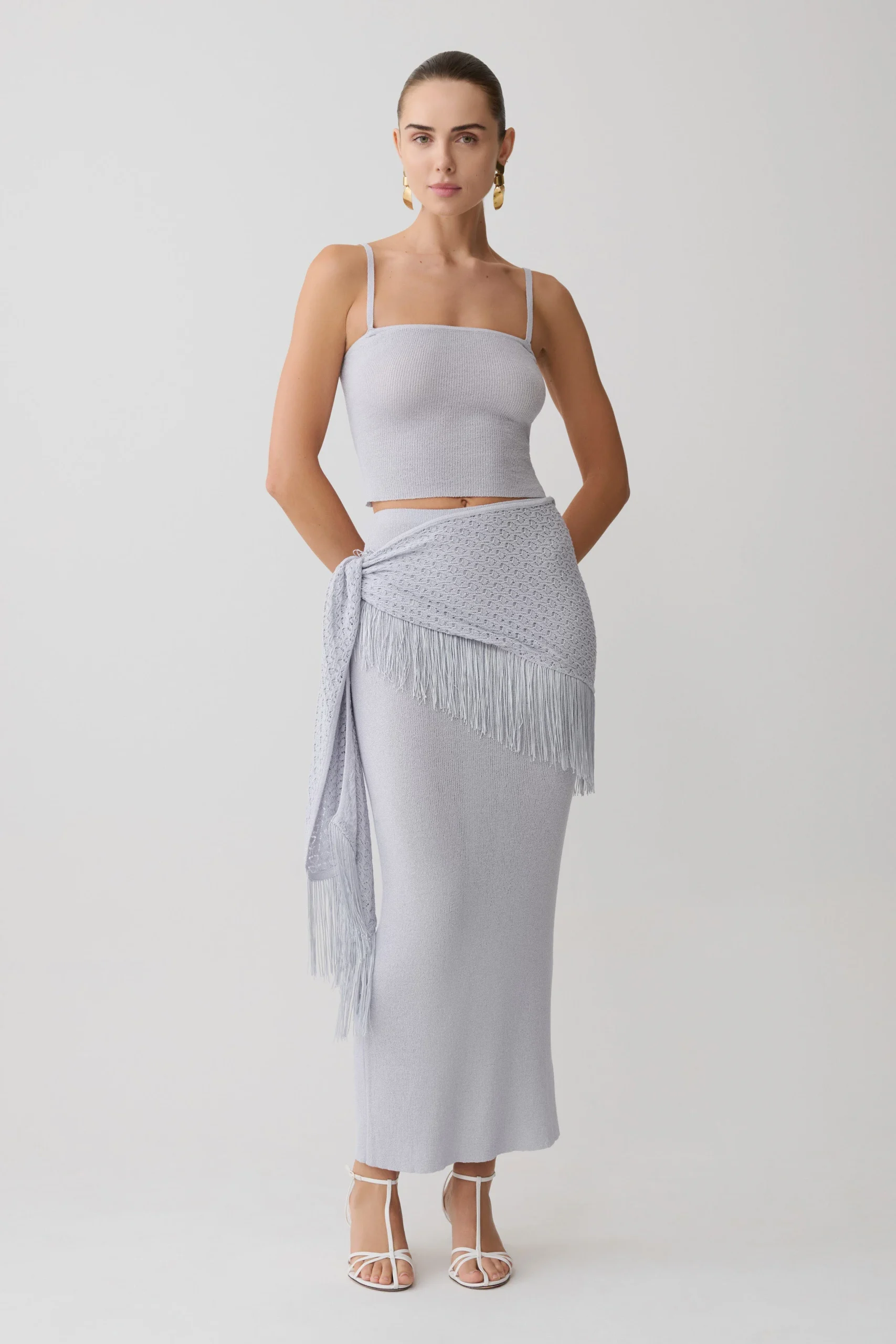 JayteeKnit Maxi Skirt With Fringe Tie - Sky Blue